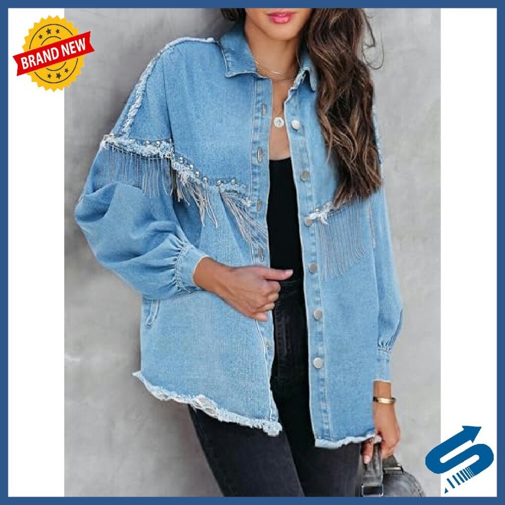 Oversized Fringe Denim Jacket Western Cowgirl Sparkly Tassel - Picture 3 of 8